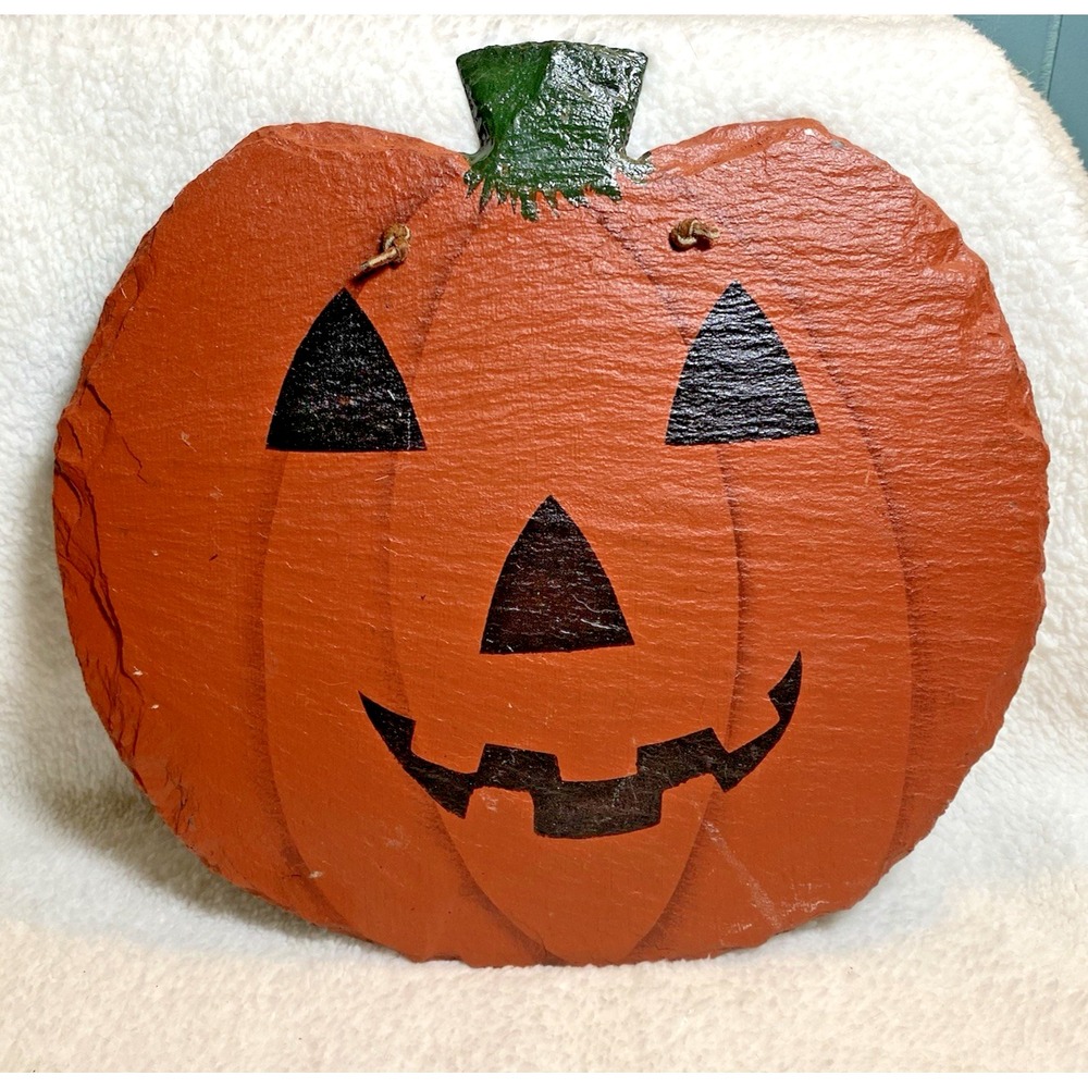 Vintage Hand Painted Slate Jack O Lantern Pumpkin Ready to Hang